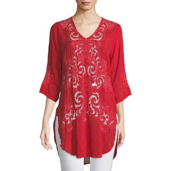 Johnny Was Tops - Johnny Was Arlene Tunic Top XL Red Cutouts Boho Chic Colorful Side Vents V Neck